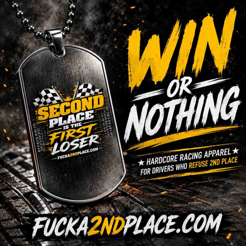 Hardcore racing apparel dog tag necklace with aggressive motorsports winner mentality design for drivers and competitors