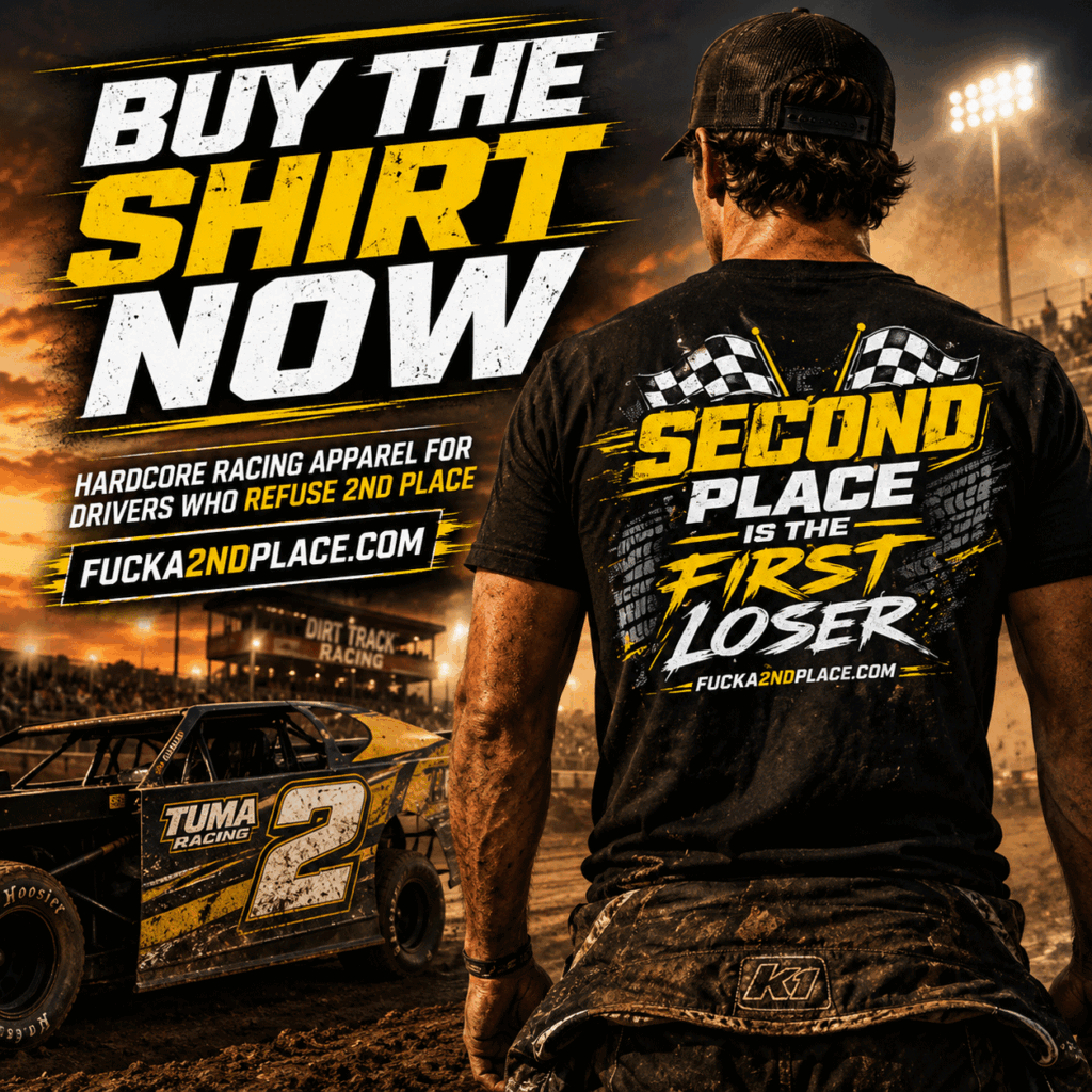 Hardcore dirt track racer wearing Second Place Is The First Loser racing t-shirt at a dirt oval racetrack
